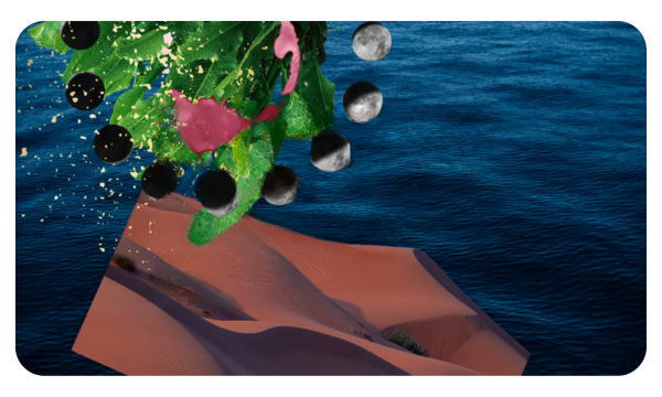 Collage detail with water, land, greenery, and a moon cycle.