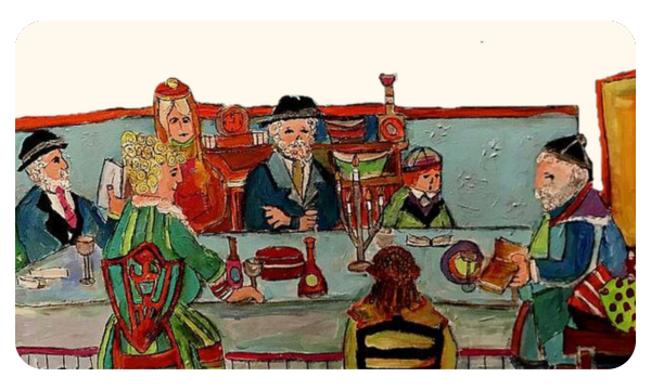 Painting detail of people gathered around a table.